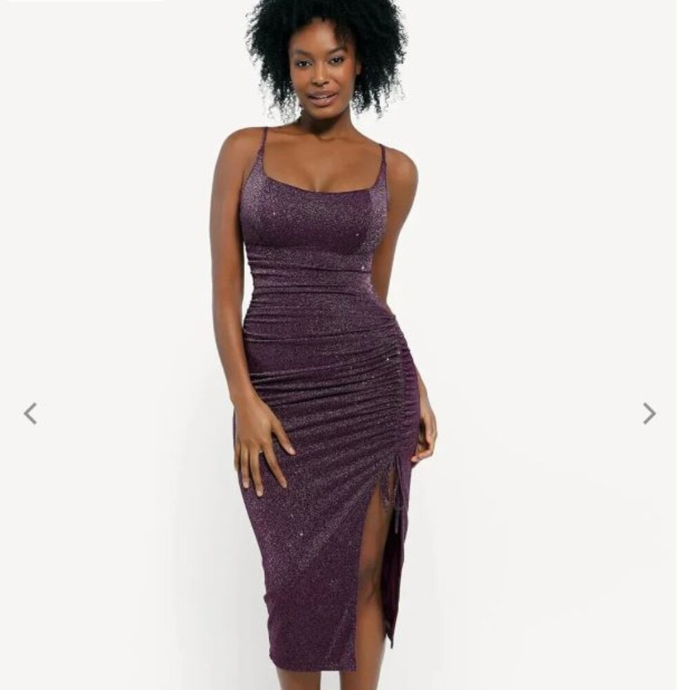 Popilush Shapewear Metallic Knit Bodycon Sculpting Midi Slip Dress